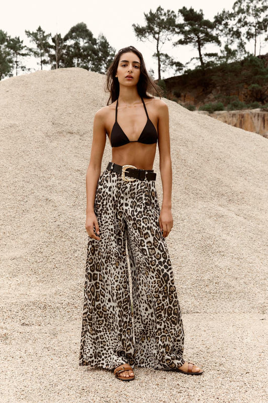 Wide-Leg Satin Trousers with Belt