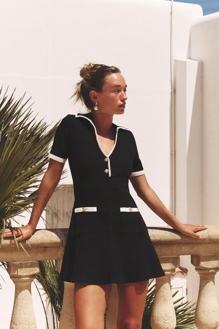 Ribbed Dress with Metallic Buttons and Pockets
