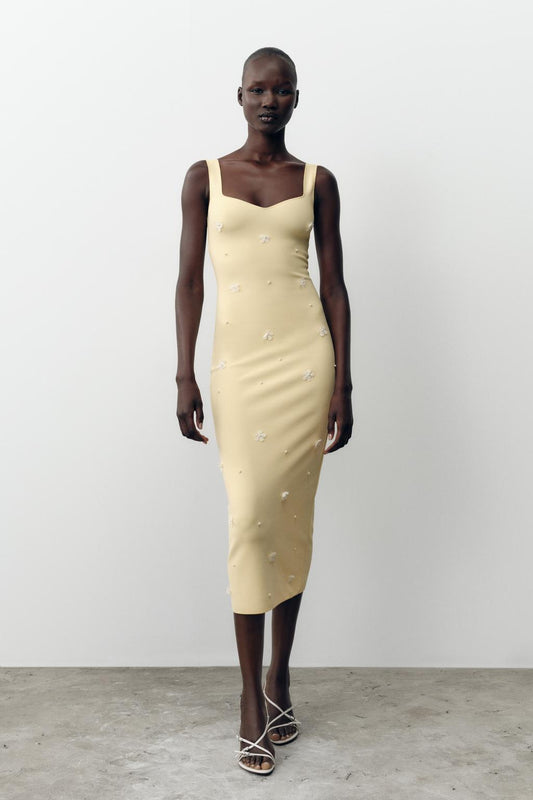 Stretch Midi Dress with Embroidered Flowers