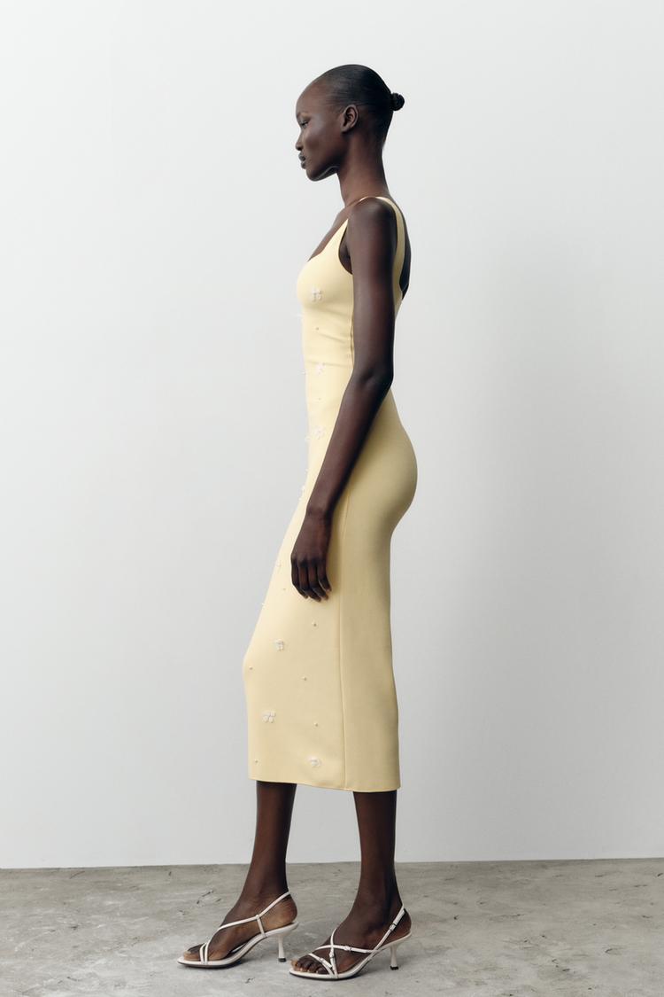 Stretch Midi Dress with Embroidered Flowers
