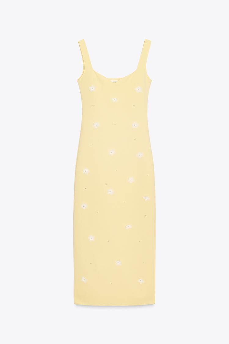 Stretch Midi Dress with Embroidered Flowers