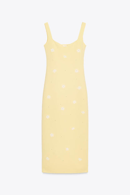 Stretch Midi Dress with Embroidered Flowers