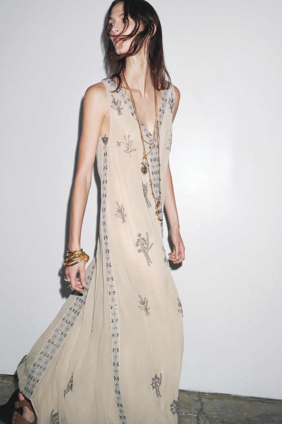 Long Embroidered Dress with Beading