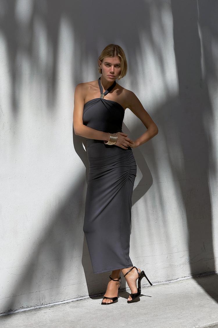Halter Dress with Metallic Appliqué and Open Back