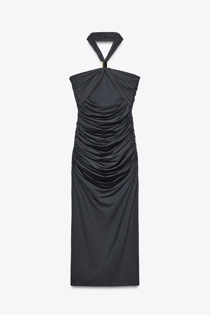 Halter Dress with Metallic Appliqué and Open Back