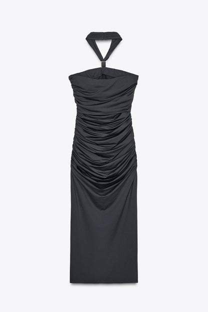 Halter Dress with Metallic Appliqué and Open Back