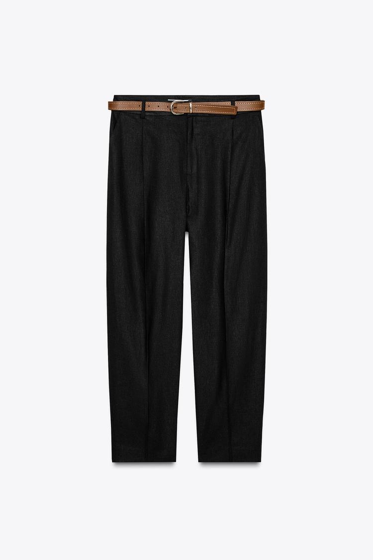Straight Linen Trousers with Belt