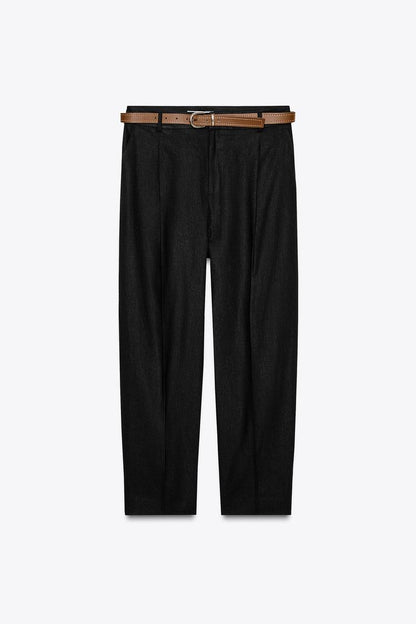 Straight Linen Trousers with Belt