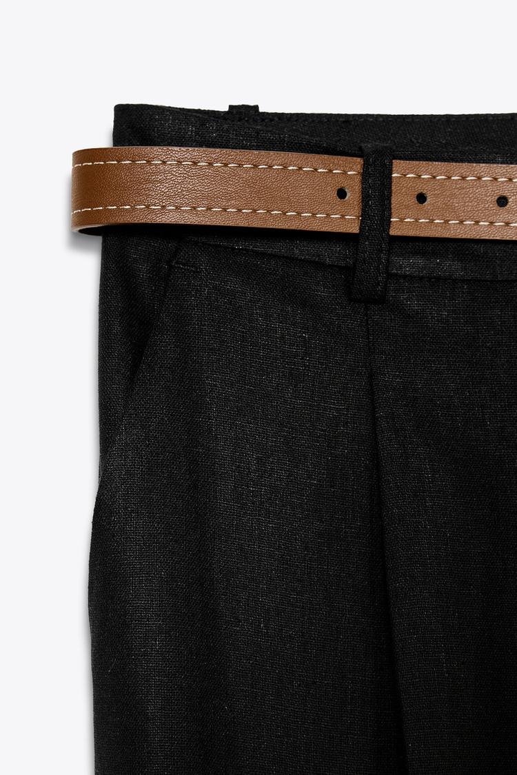 Straight Linen Trousers with Belt